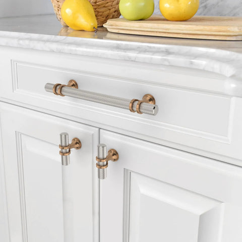 10 Pack Brushed Satin Nickel And Champagne Bronze Cabinet Knobs Set installed on white kitchen cabinet