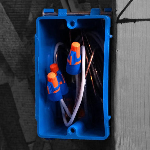 Twister Proflex Mini 30 643J Orange Blue Wire Connector Jar Of 500 Compact Twist On Wire Nuts For 22 To 12 AWG With Comfort SureGrip And Flexible Skirt For Tight Electrical Boxes in blue junction box with wires