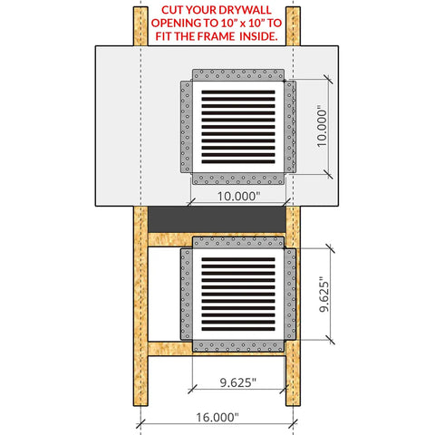 Diagram of Removable Mud In Flush Cold Air Return Vent Cover For Walls Or Ceilings Exhaust Fan And Register Cover, 10x10 inch size.