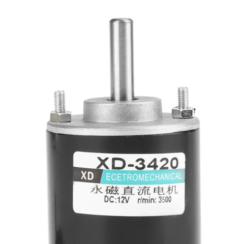 Close-up of Hella Quiet High Speed DC Electric Motor XD Series XD-3420 showing shaft, label, and design for precision projects.