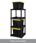 Four Tier Vertical Tote Storage Rack For Garage Organization Holds Four 27 Gallon Bins Heavy Duty Plastic Organizer Black