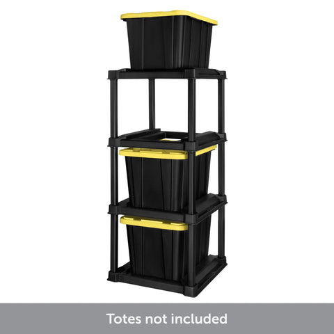 Four Tier Vertical Tote Storage Rack For Garage Organization Holds Four 27 Gallon Bins Heavy Duty Plastic Organizer Black