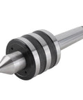 Front view of CHICIRIS MT3 revolving live center for lathe; steel body with knurled rings