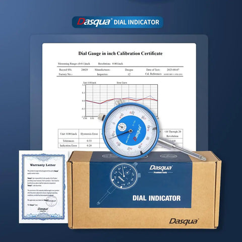 Pro Grade Dial Test Indicator Set with magnetic base, includes calibration certificate, packaging, and warranty letter.