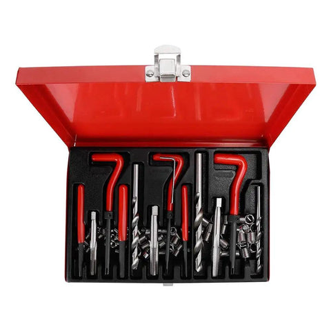 88 Piece Thread Repair Kit For M6 M8 M10 Threads Pro Grade Heavy Duty Steel Alloy Insert Tool Set open in red storage box