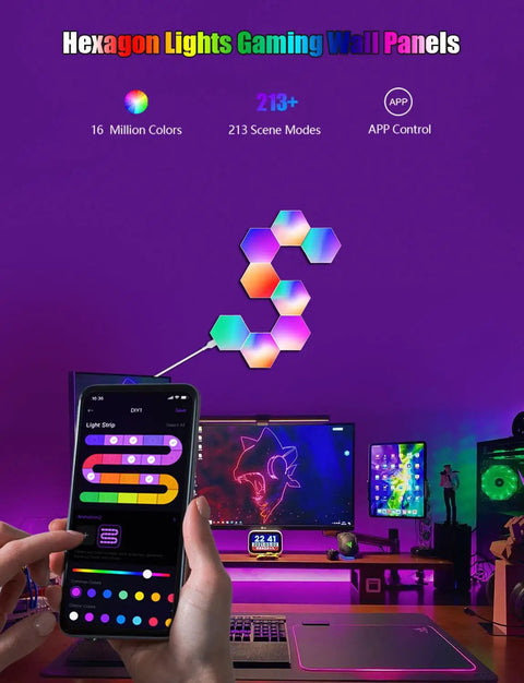 Hexagon LED Light Panels 8 Pack With App Control And Remote RGB Wall Lights for gaming decor and ambient lighting