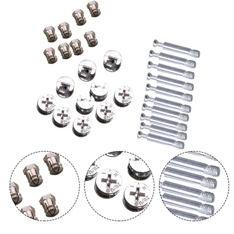 Pro Grade Cam Lock Fittings Set 24 Piece Silver Hardware Kit For Cabinet And Furniture Assembly With Iron And Aluminum Alloy Dowels Screws