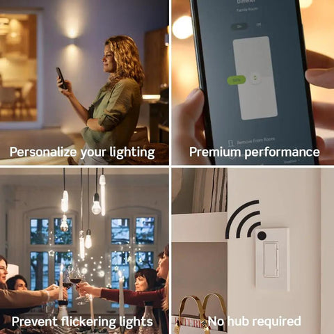 Smart Dimmer Switch, 2nd Gen WiFi With Matter, Neutral Wire Required, multiple use cases including lighting control app and wall installation.