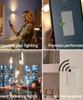 Collage showing woman using Decora Smart Dimmer Switch 2nd Gen With Wi Fi And Neutral Wire Required Works With Matter Alexa Google Assistant Apple