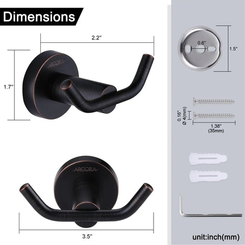 Oil Rubbed Bronze Towel Hooks Stainless Steel SUS 304 Heavy Duty Wall Robe Hooks For Bathroom 1 Pack Anti Fingerprint Waterproof Rust Proof Easy Install No Fuss with dimensions