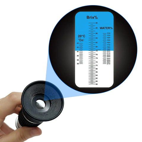 3-In-1 Honey Refractometer for Beekeepers With Brix, Moisture and Baume Readings, Factory Calibrated and Ready Out of the Box, Fast Accurate Measurements, No Guesswork, Portable ATC Kit With Glycerin Calibration to 78.8 Percent handheld lens view