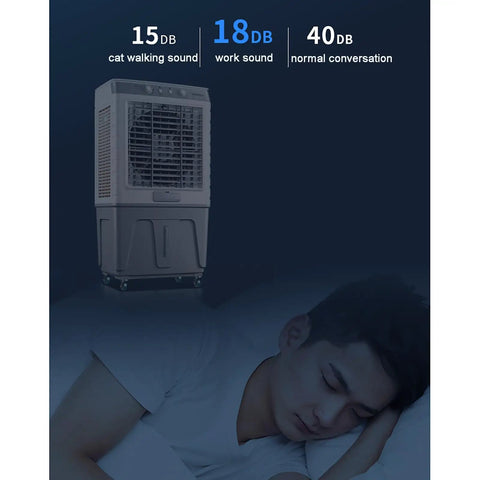 Heavy Duty Evaporative Air Cooler 8600 CFM Portable Swamp Cooler next to a person sleeping, illustrating quiet operation.