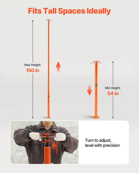 VEVOR 2 Pack Telescoping Jack Posts Heavy Duty Steel Support Beams showing height adjustment from 54 to 150 inches for leveling tasks.