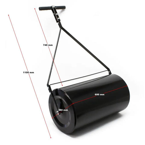 Side view of Push Or Tow Lawn Roller with 24 inch drum, 16 gallon capacity, heavy duty steel frame and drum, water or sand filled