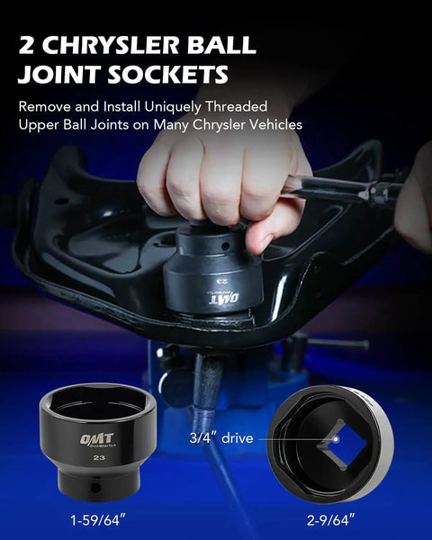 Heavy Duty Workhorse Twenty Three Piece Ball Joint Press Kit With Sure Grip Sockets And Adapters For Hassle Free Chrysler Fixes And Quick U Joint Pullouts showing two Chrysler ball joint sockets.