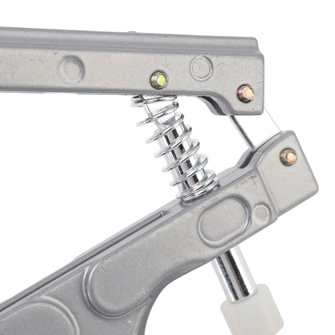 Must Have Go To Plastic Snap Set Kit With 150 T5 Buckles In Various Colors For Clothing And Sewing Projects Durable Plastic Snaps And Handy Snap Plier For DIY Repairs And Craft Projects. gray metal snap plier tool with spring close-up