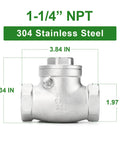 Front view of a 1-1/4 in NPT 304 stainless steel swing check valve with female ends