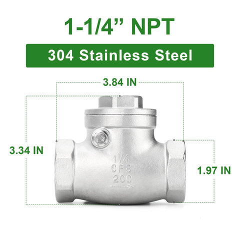 Front view of a 1-1/4 in NPT 304 stainless steel swing check valve with female ends