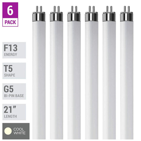 Pack Of 6 F13T5 CW Fluorescent Tubes, 21 Inch Long, 13 Watt, 4100K Cool White Light, 900 Lumens, Super Long Life T5 Bulbs shown