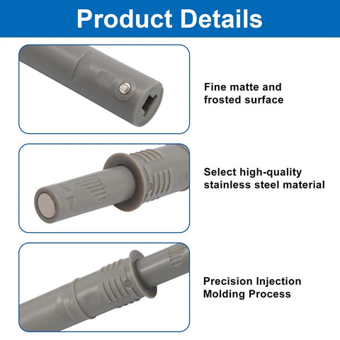 Product details of Slick Magnetic Push To Open Latches showing gray matte finish, stainless steel parts, and injection molding design.
