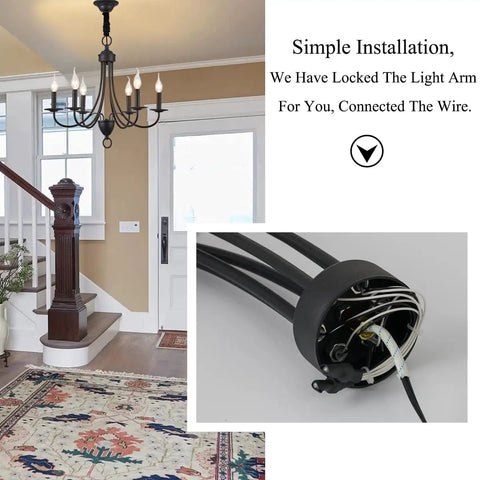 Six Light Black Farmhouse Chandelier With Industrial Modern Vibe Candle Style Hanging Light Fixture shown in entryway