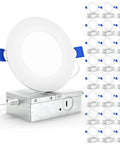 24 Pack 4 Inch LED Recessed Slim Canless Downlights With Junction Box, front view, IC Rated ETL Listed, displayed with boxes