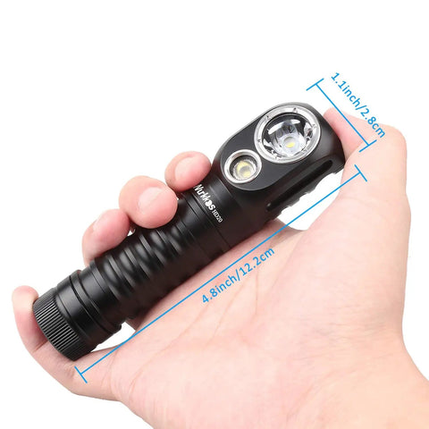 Hand holding HD20 Rechargeable Headlamp With 2000 Lumens, Dual LED Spot And Flood Beams, showing size and design details.