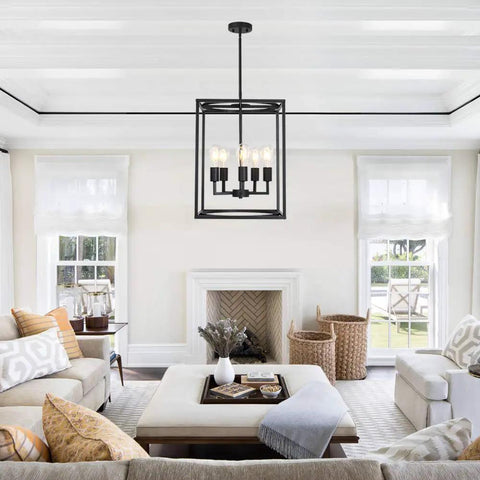 Five Light Farmhouse Chandelier in Black Finish With Adjustable Height Cage Pendant Lighting For Dining Room Rustic Industrial Kitchen Island Ceiling Lamp With Metal Art Shade in living room