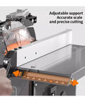 Heavy High Performance Dust Free Sliding Table Saw Workhorse Frame All In One Powerhouse For Smooth Woodworking Cuts showing adjustable support and scale
