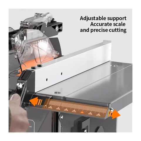 Heavy High Performance Dust Free Sliding Table Saw Workhorse Frame All In One Powerhouse For Smooth Woodworking Cuts showing adjustable support and scale