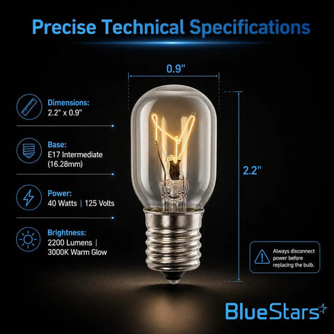 3 Pack Microwave Light Bulbs 125V 40W E17 Base Replacement Kit For Amana Maytag Microwave Ovens under hood, bulb dimensions shown.