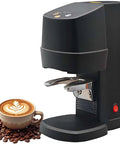 Built Like A Tank Rechargeable 58mm Auto Induction Coffee Tamper With Adjustable Stand And Precise Pressure Control For Killer Daily Pulls And Hassle Free Brews next to a latte in a cup