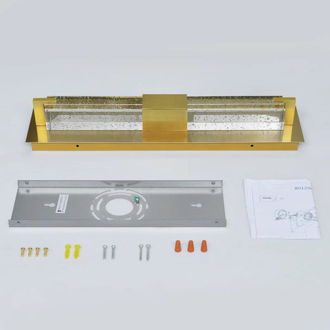 Hot Gold 19 Inch LED Wall Sconce With Crystal Bubble Glass, parts and manual displayed on surface