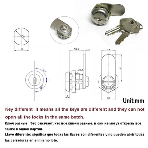 Super Secure Cash Box Cam Lock For Pos Machine Drawer With Unique Different Keys Durable Diy Furniture Hardware Upgrade Your Business Setup, showing dimensions, key details, and locking mechanism.