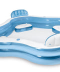 Family Inflatable Pool With Built In Seats Large 90 By 90 Inch Big Splash Center For All Ages Backyard Fun Thick Durable Kiddie Pool For Summer Parties 262 Gallon Water Capacity, blue and white with built-in seats and drink holders.