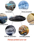 Infographic showing benefits of 4 Pack Clear Plastic Car Covers With Elastic Hem Universal All Weather Shield For Cars Up To 12.4 Feet By 21.6 Feet Lightweight Durable Protection From Rain Dirt And Dust In Garage Or Outdoor Use
