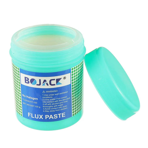 Open jar of No Clean Solder Paste Flux For Dope Eco Friendly Electronics Soldering Pro Grade For CPU Disassembly And Assembly BGA And SMD PCB Repair Lead Free Acid Free Low Odor Safe And Non Toxic Environmentally Friendly 5.15oz 146g with blue lid