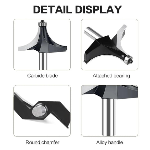 Detail display of 12Mm Shank Tungsten Carbide Corner Round Over Router Bit With Bearing for woodworking projects.