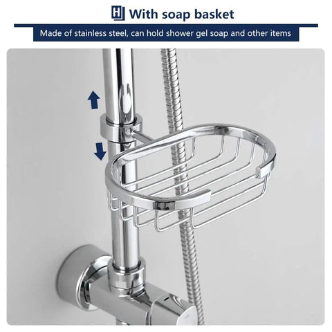 Stainless steel soap basket attached to adjustable slide bar of Rain Shower System With Eight Inch Rain Head And Handheld.