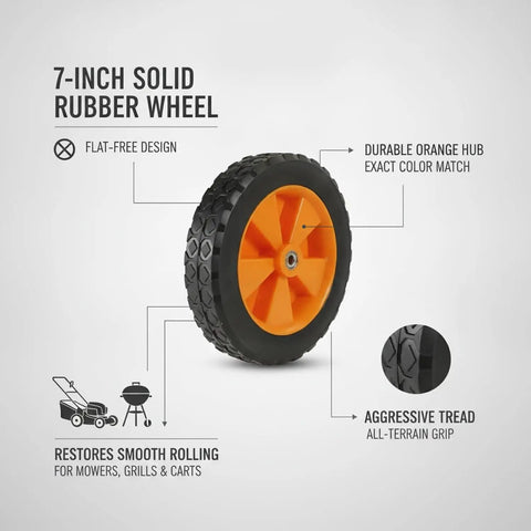 Heavy Duty Orange Solid Rubber Caster Wheel 7 Inch Non Pneumatic Replacement For Lawn Mower And Grill Base That Rolls Smooth Over Pavement Or Grass Without The Flat Tire Hassle Or Annoying Maintenance Work Required