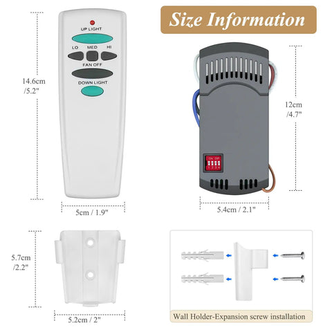 Universal Ceiling Fan Remote Control Kit Replacement For Multiple Brands And Models with size dimensions and components shown