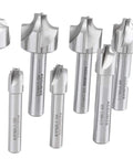 Accusize HSS corner-rounding end mill set, 8 pcs, sizes 1/16-3/8 in, front view, steel finish