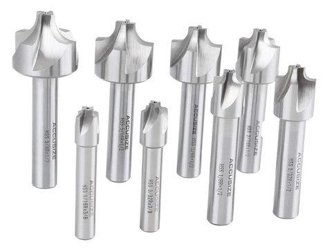 Accusize HSS corner-rounding end mill set, 8 pcs, sizes 1/16-3/8 in, front view, steel finish