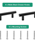 Six Pack Matte Black Drawer Pulls Set With Two And One Half Inch Hole Centers 64mm And Overall Length Three Point Nine Five Inches 100mm Stainless Steel Cabinet Handles For Kitchen Cabinets And Drawers Includes Twelve Mounting Screws