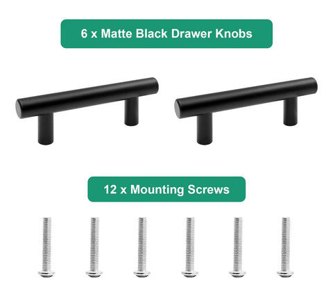 Six Pack Matte Black Drawer Pulls Set With Two And One Half Inch Hole Centers 64mm And Overall Length Three Point Nine Five Inches 100mm Stainless Steel Cabinet Handles For Kitchen Cabinets And Drawers Includes Twelve Mounting Screws
