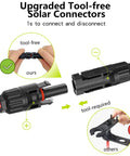 Close-up of tool-free connectors for Solar Panel Extension Cable 20Ft 10AWG with Waterproof PV Cable 6mm2 for easy connection.