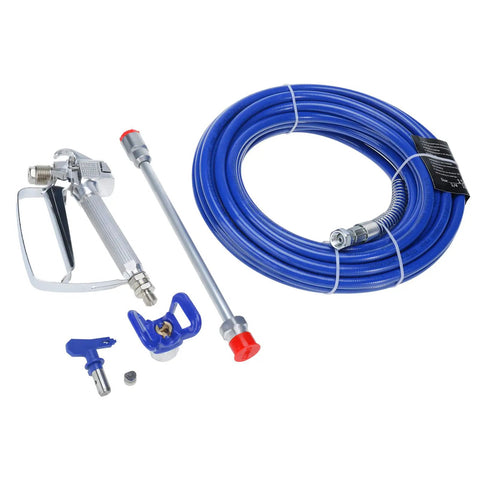 Slick Pro Series Airless Paint Spray Gun Kit Bundled With A Beefy 50 Foot X 1/4 Inch High Pressure Fiber Hose Plus An Easy Grip 11 Point 8 Inch Extension Pole And Sharp 517 Tip Straight Up Nailed It For Smoother Wall Paint Runs with hose and accessories.