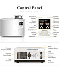 Control panel of Heavy Duty 264L Industrial Ultrasonic Cleaner displaying settings for temperature and ultrasonic frequency.