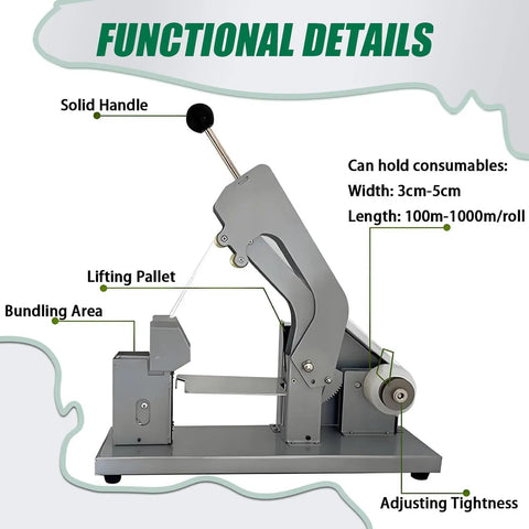 Functional details of Semi Automatic Vegetable Strapping Machine Compact PE PVC Film Tying Tool showing solid handle and bundling area.