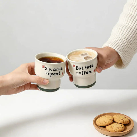 Two hands holding Ceramic Demitasse Espresso Cups Set Of 2, 3.52 Oz Handleless Demitasse Mugs for coffee with text, cookies on table.